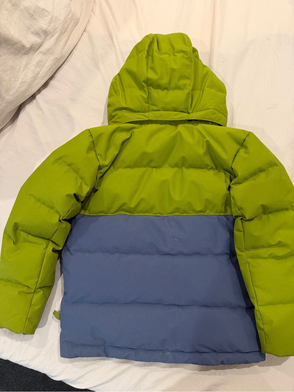 Marmot Kids Two-Tone Hooded Puffer Jacket - Lime Green & Blue worn once